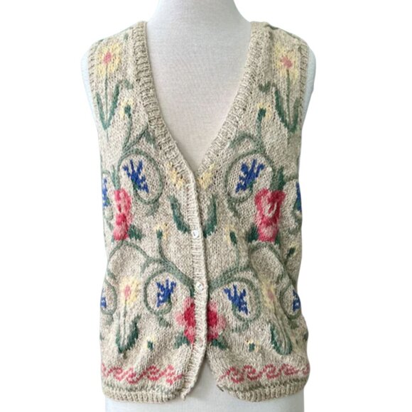 Talbots Floral Print Knit Sweater Vest Cream Tan Large - Picture 1 of 7
